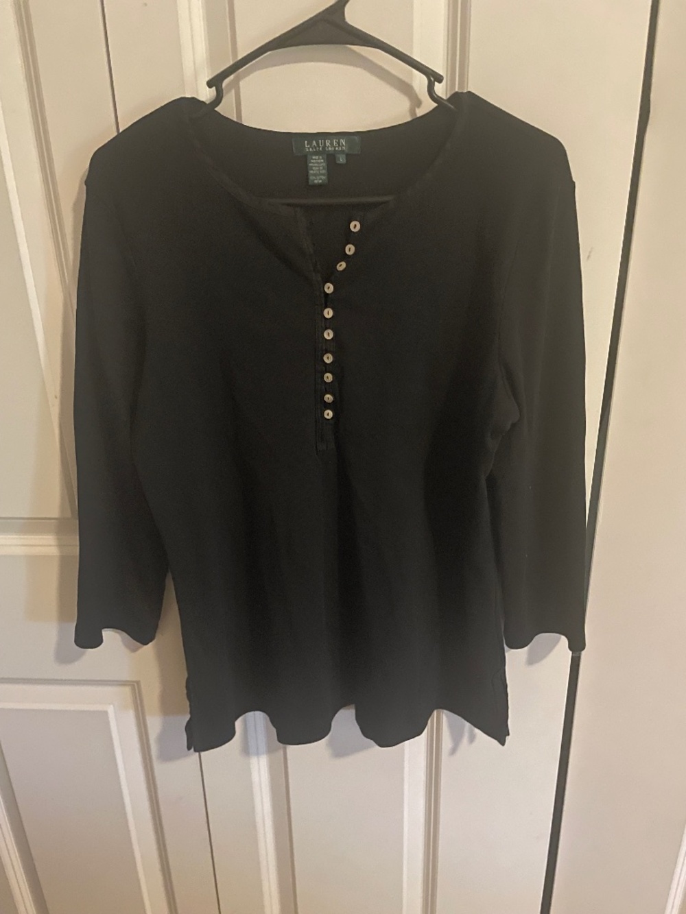Ralph Lauren black shirt white buttons 3/4 sleeve